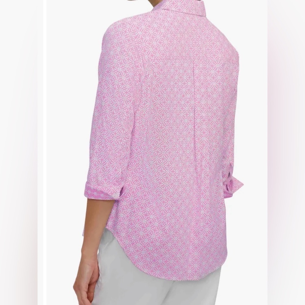 Margie Geo Lattice Three-Quarter Sleeve Button-Up Shirt Pink/White M - Picture 3 of 5